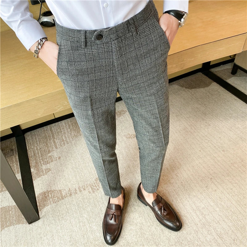Boutique Classic Plaid and Striped Fashion Men's Casual Business Slim Suit Pants Groom Wedding Dress Trousers Party