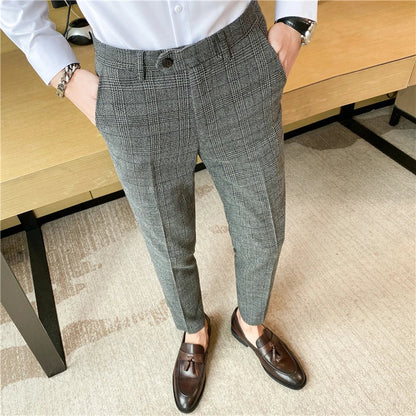 Boutique Classic Plaid and Striped Fashion Men's Casual Business Slim Suit Pants Groom Wedding Dress Trousers Party