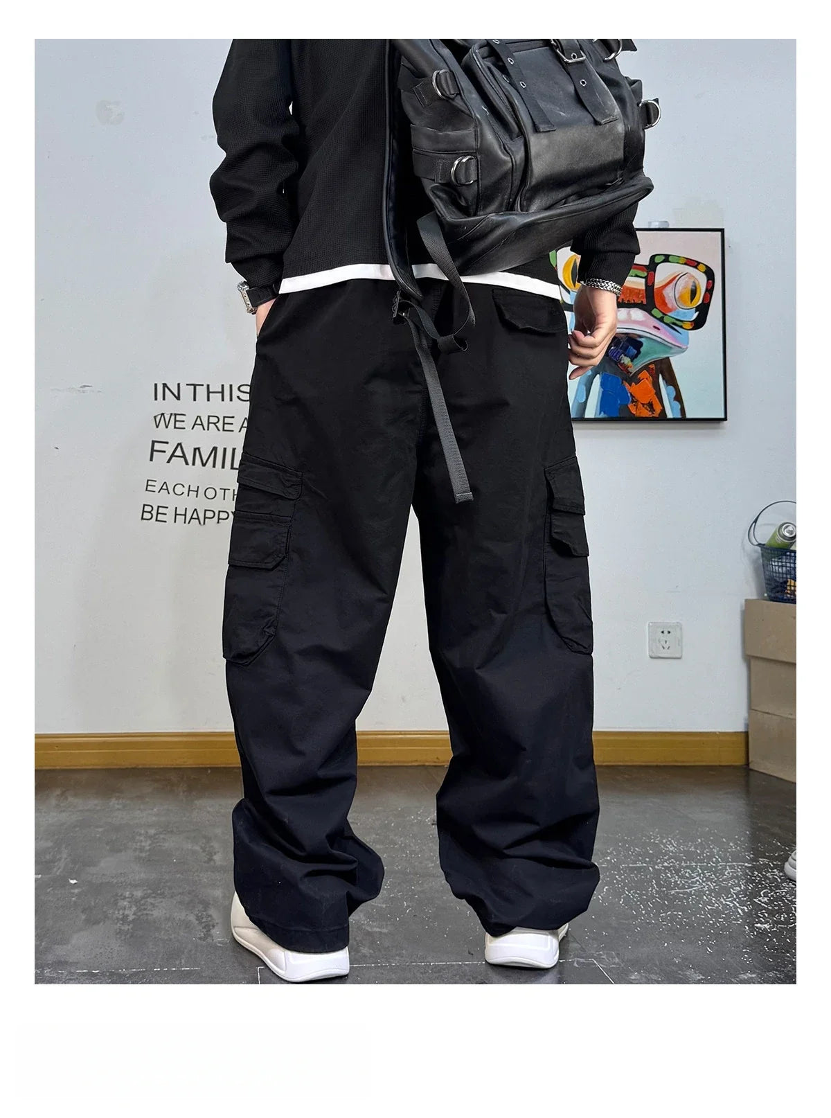 American Premium Cargo Pants Mens Pleated Baggy Multi Pocket Streetwear Oversized Straight Leg Casual Spring Fall Trendy Male