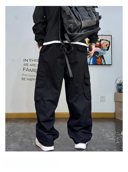 American Premium Cargo Pants Mens Pleated Baggy Multi Pocket Streetwear Oversized Straight Leg Casual Spring Fall Trendy Male
