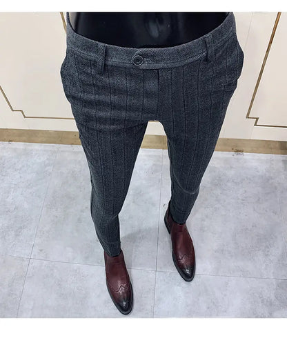 Autumn Winter Striped Woolen Cloth Suit Pants Men Casual Slim Straight Warm Trousers Formal Business Social Office Dress Pants