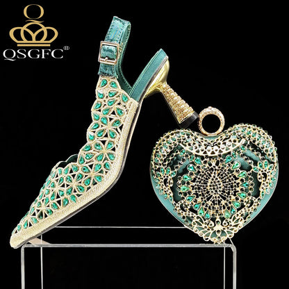 Italian Design Rhinestone-encrusted Sex Ladies Shoes And Special Bag High Heels And Heart Shape Gold Mini Bag