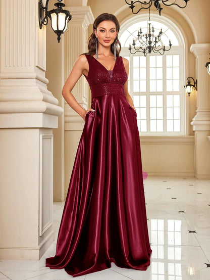 Elegant Sequins Evening Dress For Women 2024 Deep V-neck Satin Prom Party Green Dress Floor Length Blue Formal Gowns