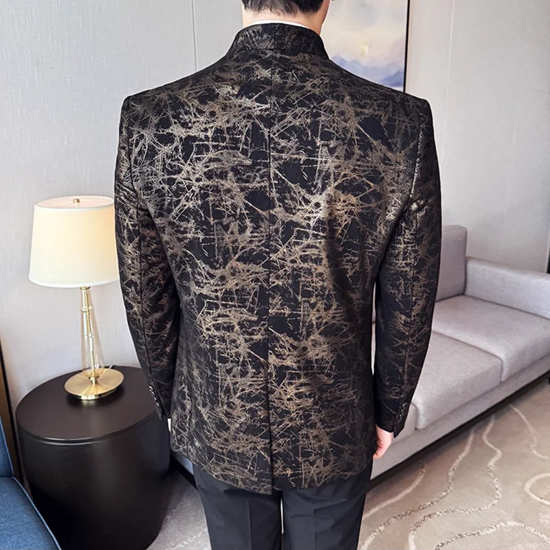 New Chinese Style Stand Up Collar Jacquard Suit Coats Men Slim Business Casual Fashion Suits Jacket Formal Social Party Tuxedos