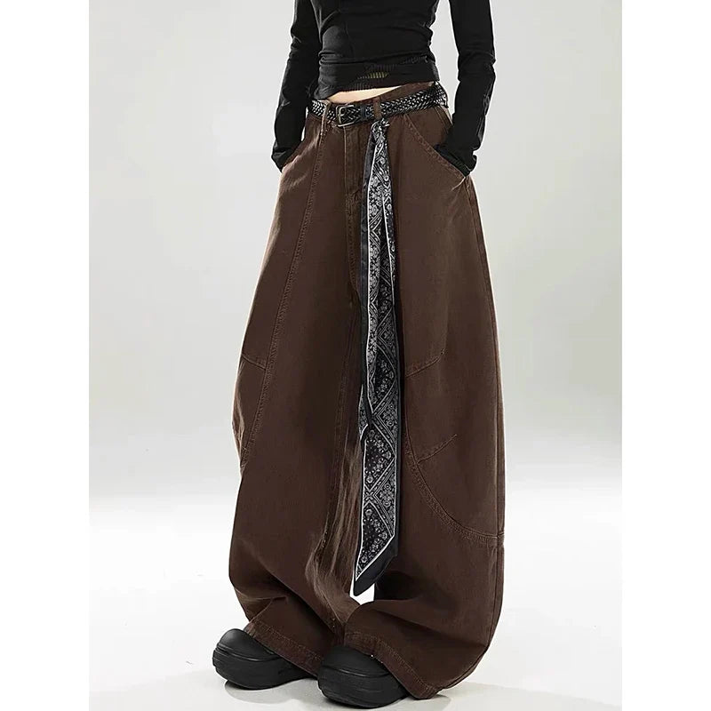Women Brown Gothic Baggy Y2k Jeans Vintage Harajuku Gradient Jean Pants American 2000s Oversize Denim Trousers Autumn