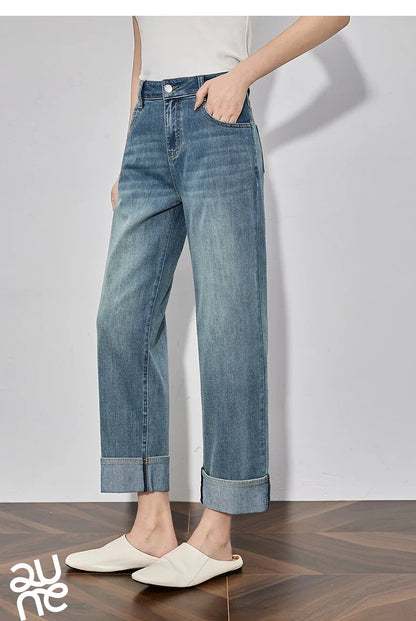 Women Denim Jeans 2025 Spring New Straight Wide Leg Rolling Up Ankle Length Cropped Pants