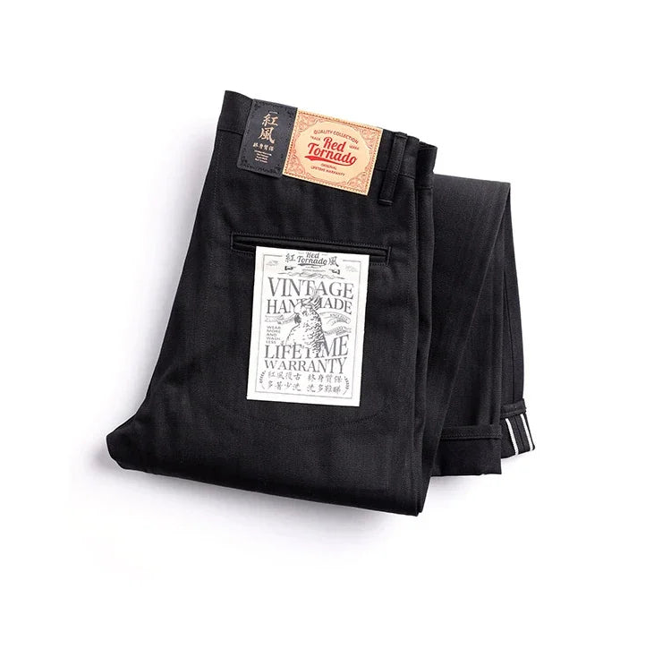 Black Men's Jeans Relaxed Fit 14.5oz Selvedge Denim Officer Trousers