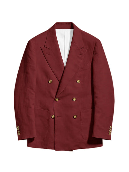Men's Linen Double Breasted Blazer Peak Lapel Casual Business Suit Jacket With Patch Pockets For Daily Office Wear
