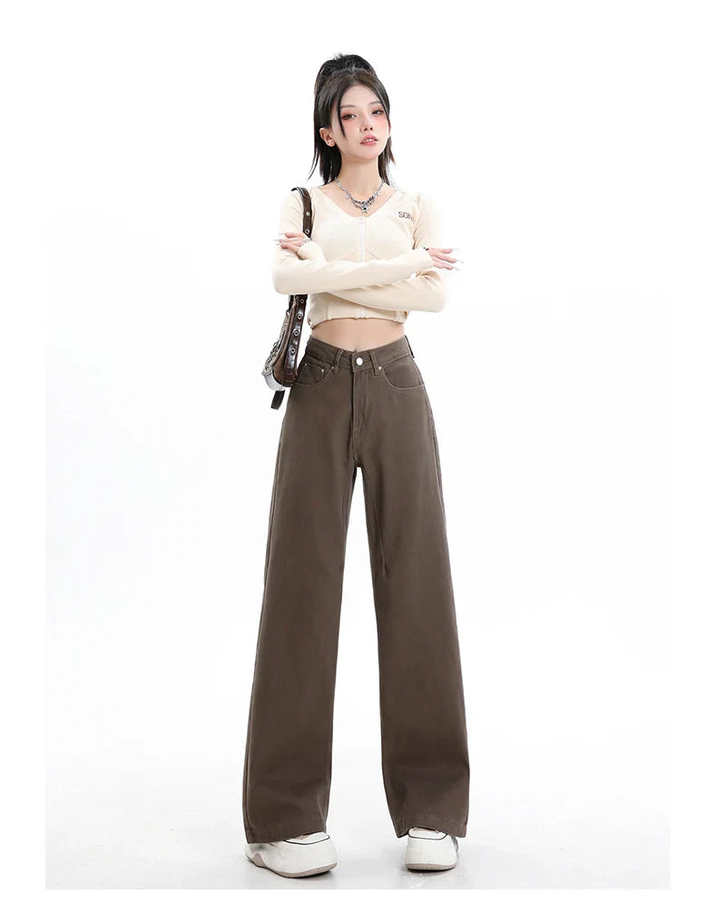 Baggy High Street Fashion Straight brown Jeans for Women's Y2k High Waist Female Clothing Solid Color Casual Wide Denim Trousers