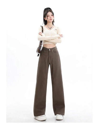 Baggy High Street Fashion Straight brown Jeans for Women's Y2k High Waist Female Clothing Solid Color Casual Wide Denim Trousers