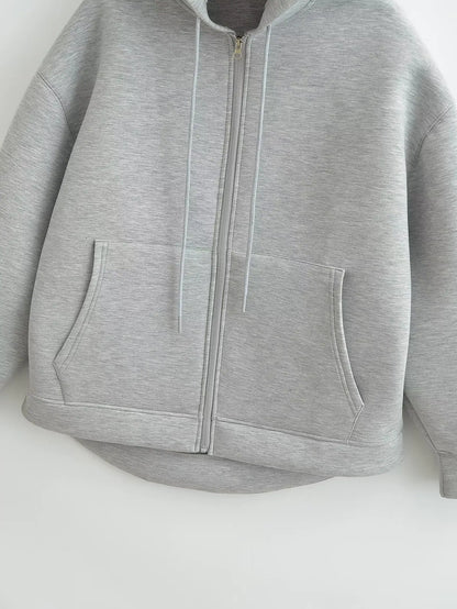 2026 Casual Women's Soild Zipper Hoodie Long Sleeve Big Pocket Zipper Jacket With Hood Female Loose Outerwear Coat Tops
