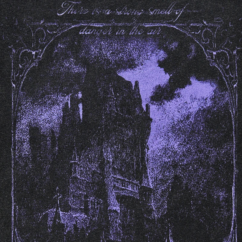 Hip Hop Washed Black T-Shirt Streetwear Vintage Purple Graphic Horror Castle T Shirt Cotton Tshirt Men Tops Tees Unisex Y2K