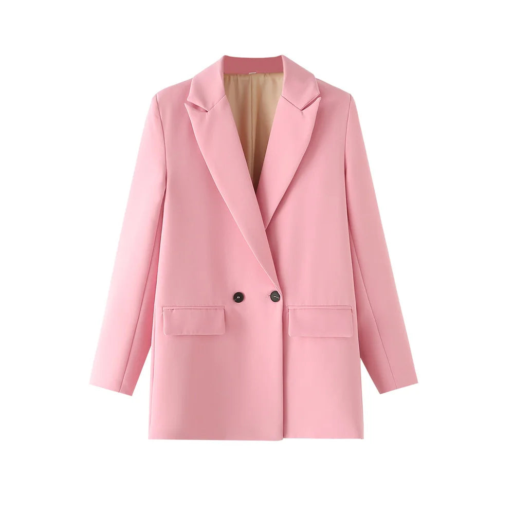 Women Chic Office Lady Double Breasted Blazer Vintage Coat Fashion Notched Collar Long Sleeve Ladies Outerwear Stylish Tops