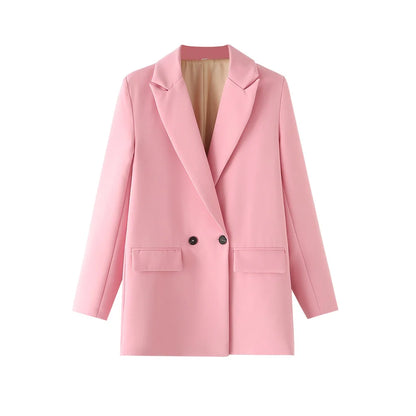 Women Chic Office Lady Double Breasted Blazer Vintage Coat Fashion Notched Collar Long Sleeve Ladies Outerwear Stylish Tops