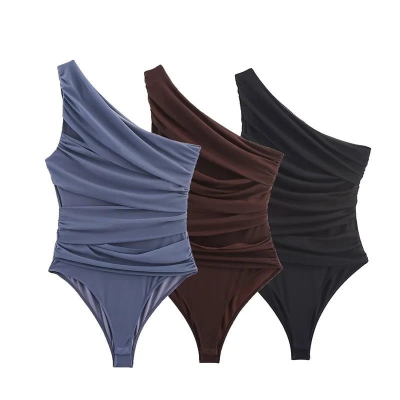 Summer Asymmetric Sleeveless Pleated Silk Mesh Bodysuit Women Single Shoulder Slim Fit Jumpsuit Female Beach Holidays Wear 2026