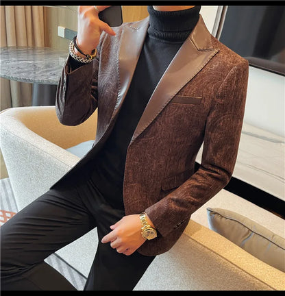2025 Fashion Leather Neck Spliced Suit Jacket Luxury Men's Business Slim Fit Social Formal Blazers Coats Wedding Groom Tuxedos
