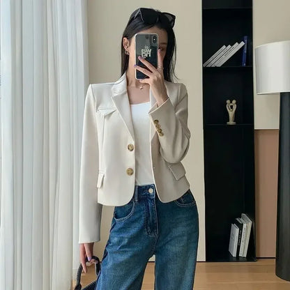 Korean Style Women Blazers Cropped New Autumn Solid Gentle Basic Defined Overcoats Harajuku Leisure Notched Fashion All-match