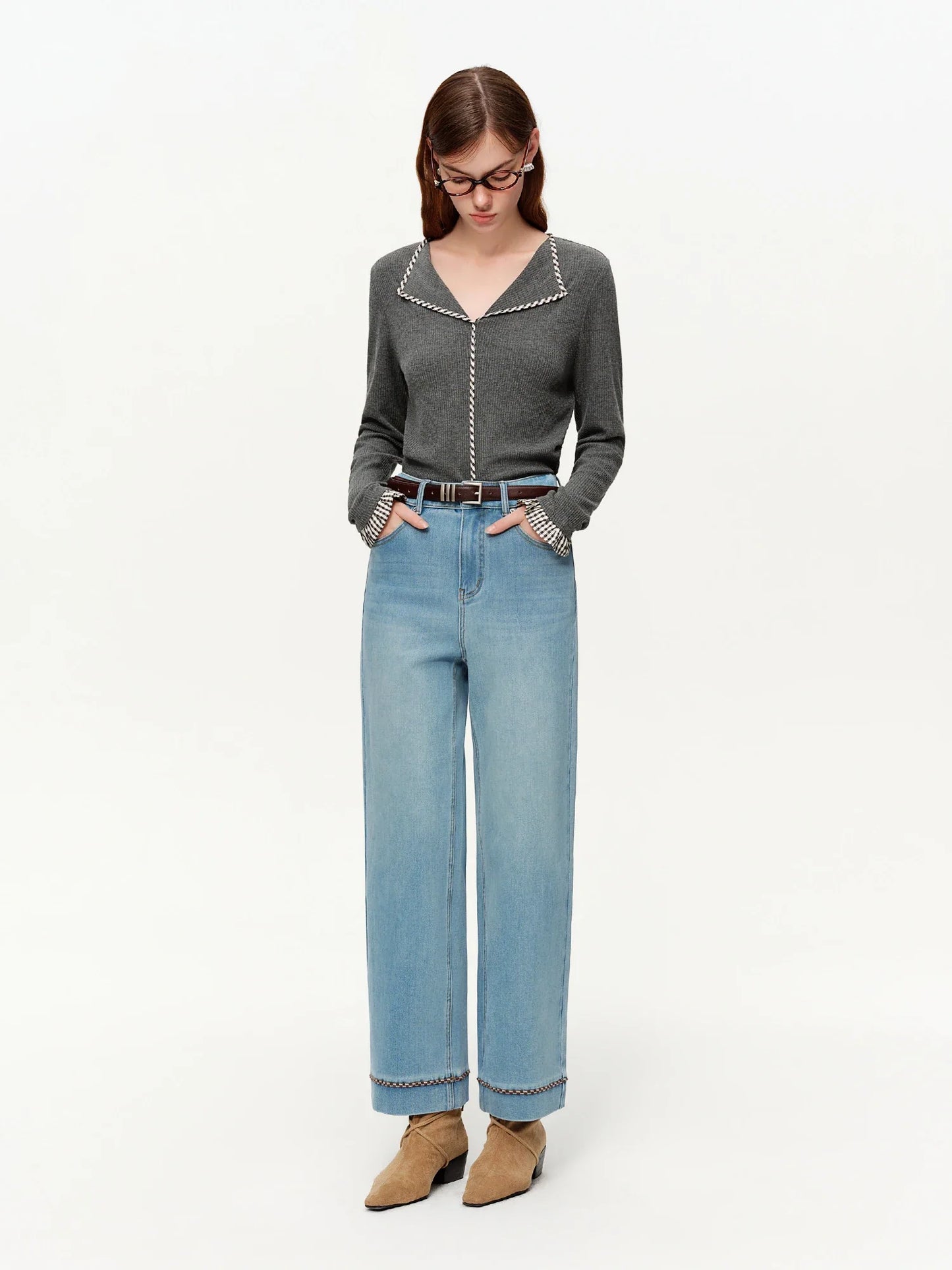 Double-length Jeans Women High-waisted Slim-fit Classic Straight Pants High Waist Elegant Office Lady Spring Trendy