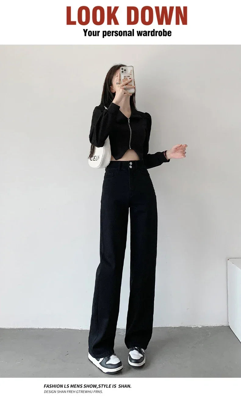 Loose Straight Women's Jeans Fashion Stretch Soft Drape Multi-button High Waist Denim Trousers Street Fashion Female Clothing