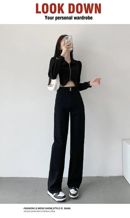 Loose Straight Women's Jeans Fashion Stretch Soft Drape Multi-button High Waist Denim Trousers Street Fashion Female Clothing