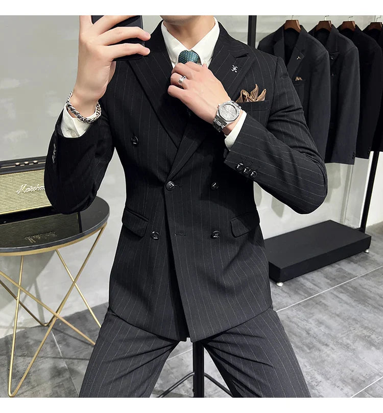 2025 High-quality Korean Version Slim-fit Business (Suit + Vest + Trousers) Striped Double-breasted Suit Three-piece Set