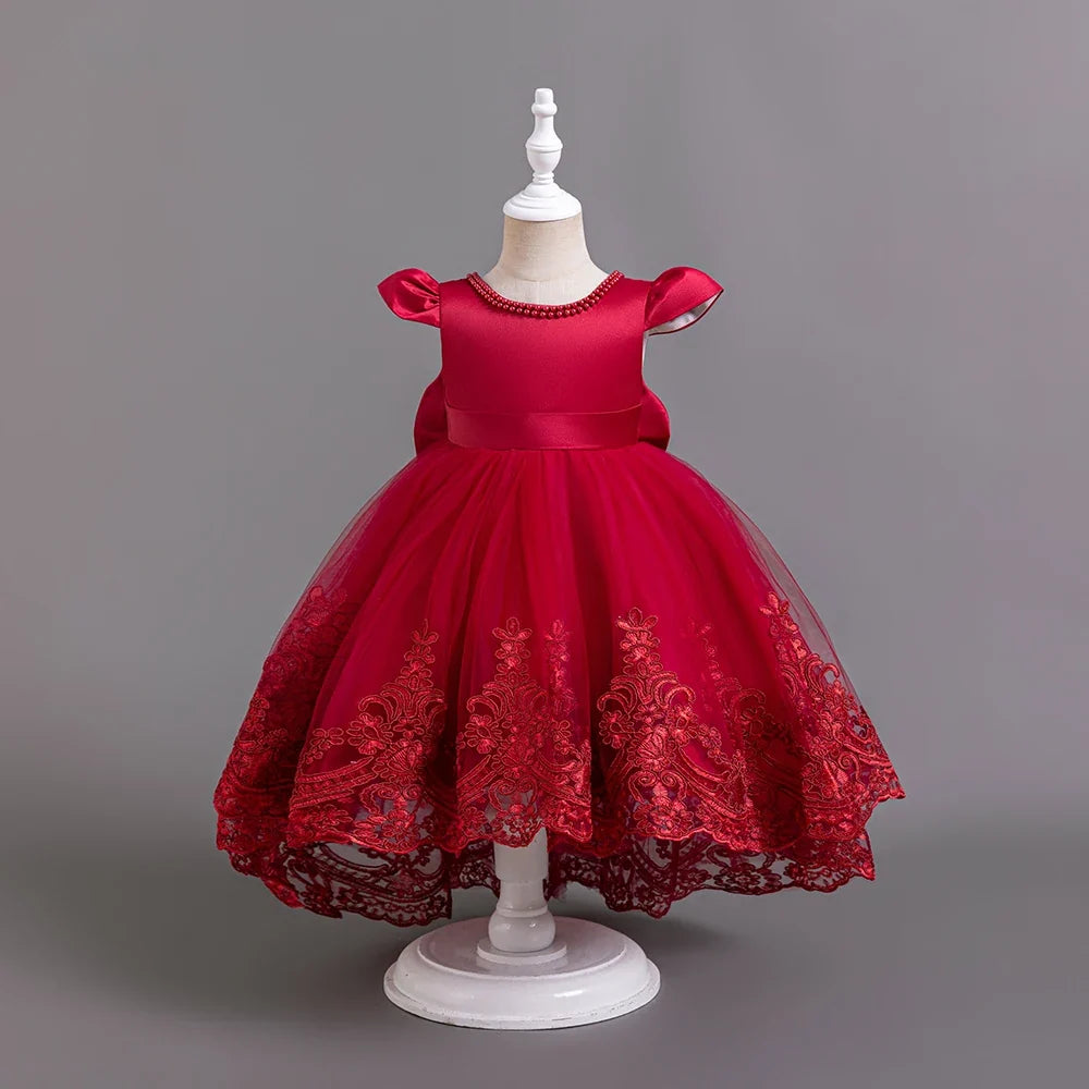 Girls Flower Embroidery Party Dresses Kids Summer Formal Holiday Birthday Gown Kids Trailing Evening Princess Clothes 1-6