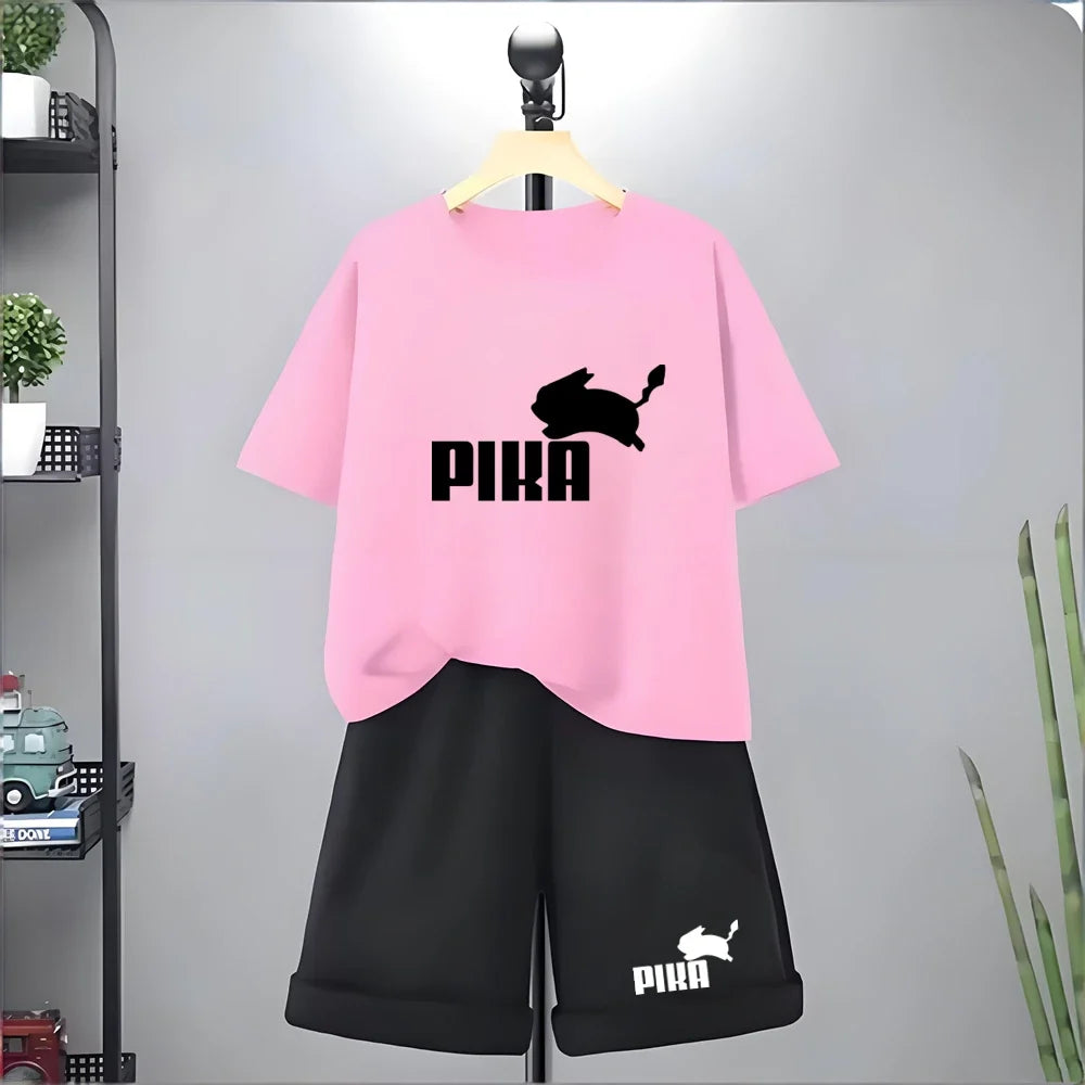 Summer Rabbit Graphics Boys Black Girls Pink Age 3-12 Tee+Shorts Suit Children Short Sleeve T-shirts Child  Casual Clothes