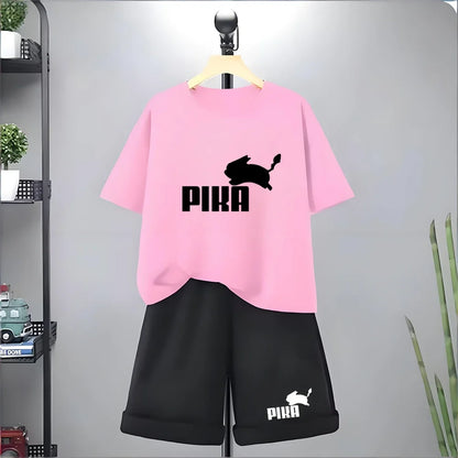 Summer Rabbit Graphics Boys Black Girls Pink Age 3-12 Tee+Shorts Suit Children Short Sleeve T-shirts Child  Casual Clothes