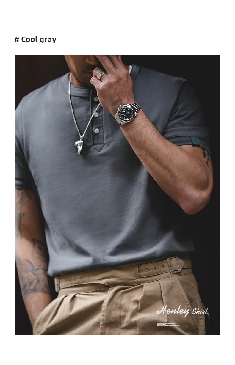 Cotton Men's Henry T-Shirts Soft Breathable Vintage Tops Tee Shirt Solid Casual Classic Buttons Shirt Hot Man Clothing