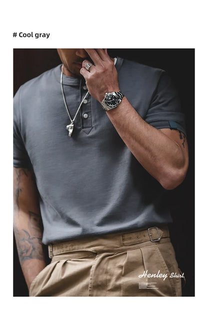 Cotton Men's Henry T-Shirts Soft Breathable Vintage Tops Tee Shirt Solid Casual Classic Buttons Shirt Hot Man Clothing