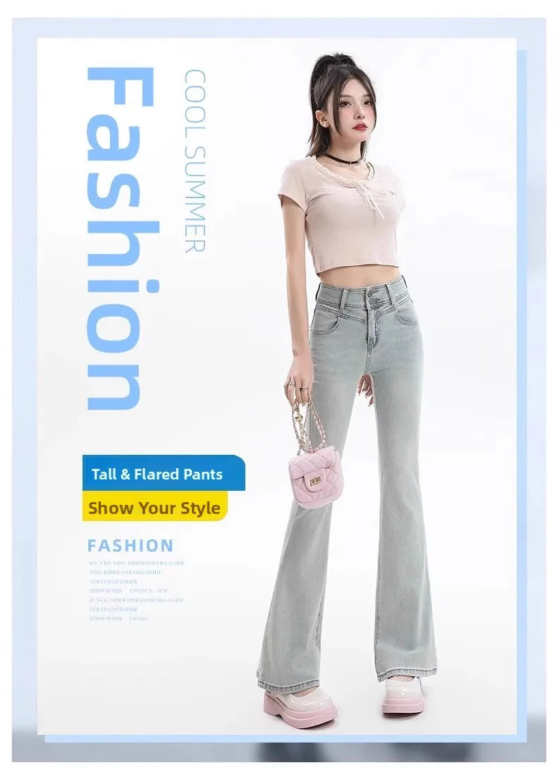High Waist Bell Bot Denim Jeans Women's Light Color Peach Butt Design Slimming Fitted Floor Length  Hoof Pants