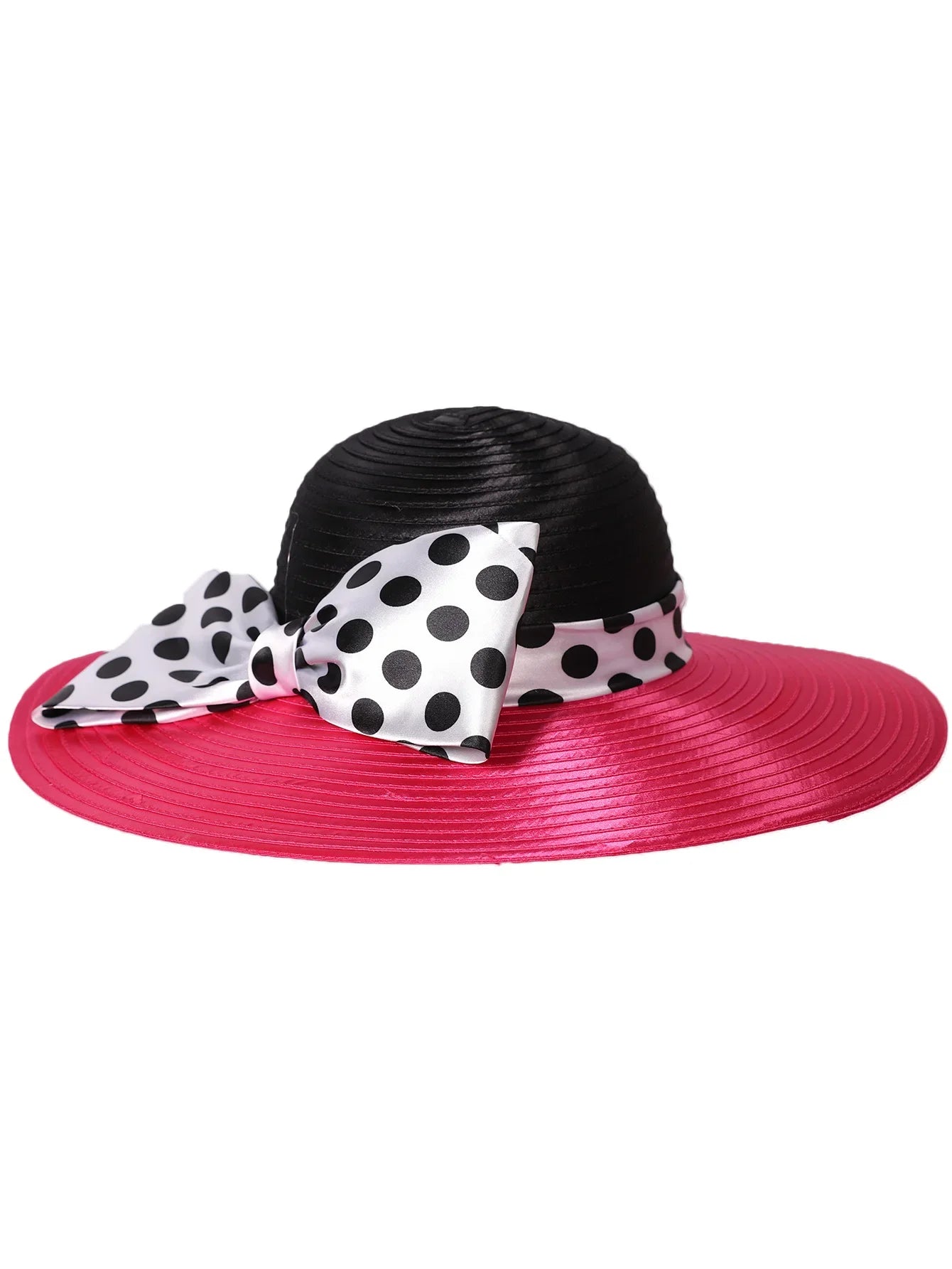 Elegant Women Wide Brim Rose Black Patchwork Polka Dots Kentucky Hat For Wedding Party Hat Big Bowknot Fedora Beach Cap
