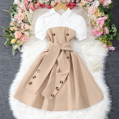 2025 Vintage Elegant Kids Girl Dress Summer Short Sleeves School Graduation Birthday Party Children Dresses 7 8 9 10 11 12 Yrs