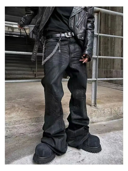 High street coated micro-flare jeans American retro heavy industry men and women black gothic retro casual loose jeans