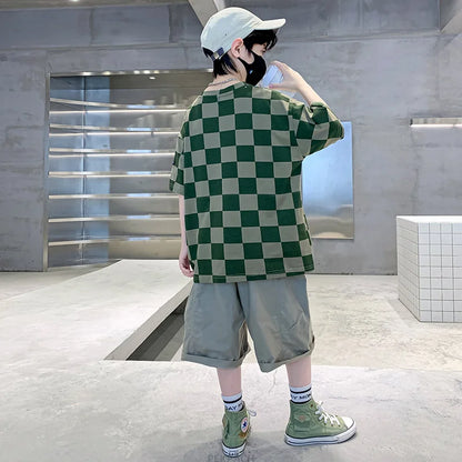 Boys 2 Piece Summer Set Child Clothes Outfits Pliad T-shirt Shorts Cotton Suit Teenager Kids Luxury Clothing Set Tracksuit 5-14Y