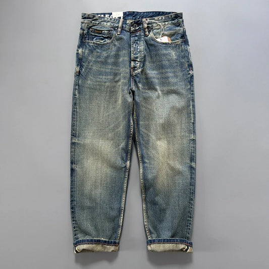13.5oz Men's Japanese Indigo Blue Selvedge Straight Leg Denim Jeans for Men Artisan Vintage Spring Washed with Raw Hem Detailing
