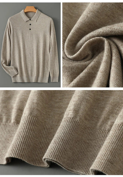Spring Autumn Men Shirt  Merino Worsted Wool Knitted Pullover Long Sleeve Polo-Collar Clothing Tops Smart Casual Thin Outerwears