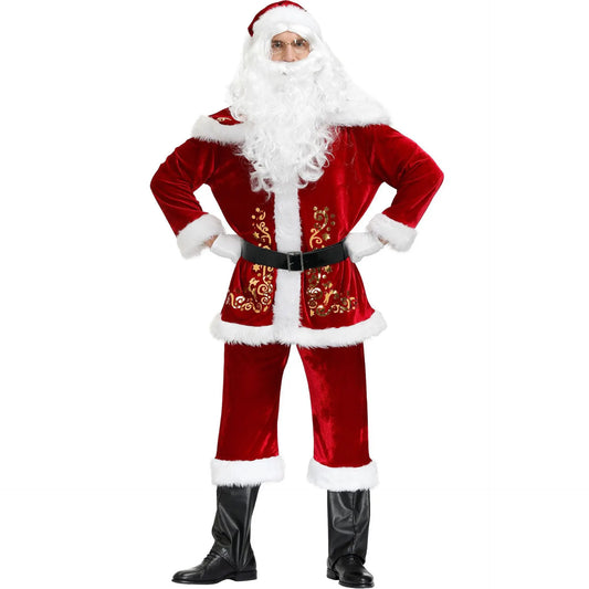 2024 New Man Santa Claus Suit Adult Christmas Cosplay Costume Red Deluxe Velvet Fancy 8pcs Set Xmas Party Family Costume Outfits