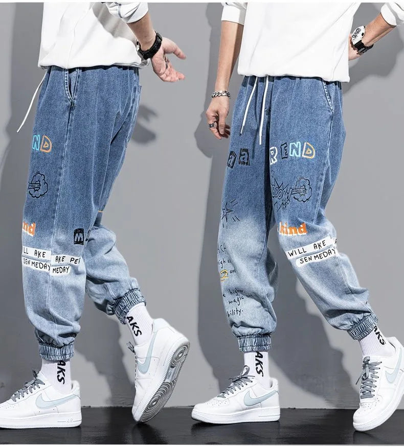 Printing Jeans Men's Gradient Hip Hop Trousers Harem Cartoon Loose Casual Ankle Banded Pants Cargo Denim Jeans Fashion
