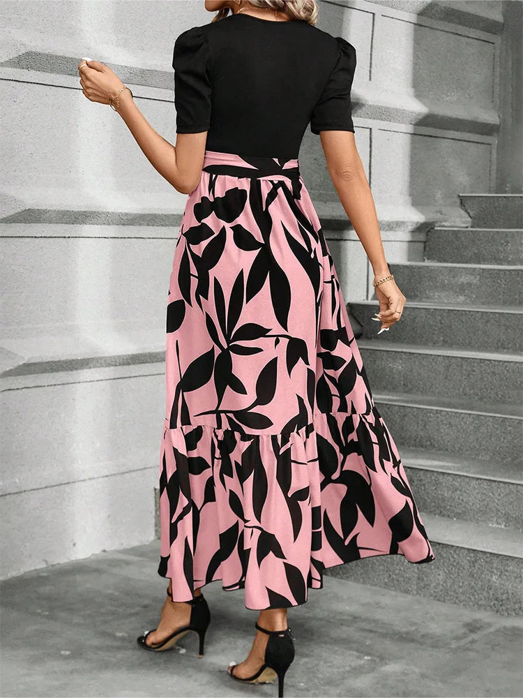 Elegant Floral Print Round Neck Long Dresses Women Short Sleeve High Waist Lace-up Office Lady Holiday Party Dresses Vestidos