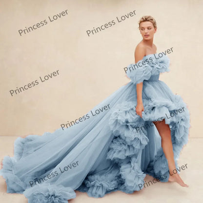 Women Prom Dresses Tulle High Low Vestido de Novia Robes Off the Shoulder Evening Dress Ruffled Fluffy Party Gowns Customized