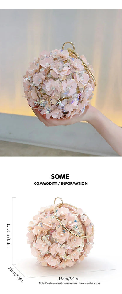 Mini Sequin Flower Evening Bag, Elegant Dinner Clutch Purse, Formal Round Banquet Handbag For Wedding Party Prom