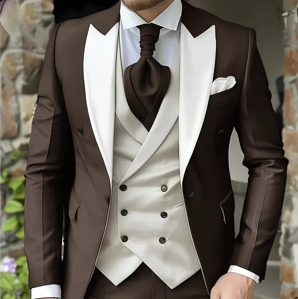 Men's Elegant Peak Lapel Tuxedo 3-Piece Suit with Blazer Vest Formal Men's Suit for Business Prom Business Dinner