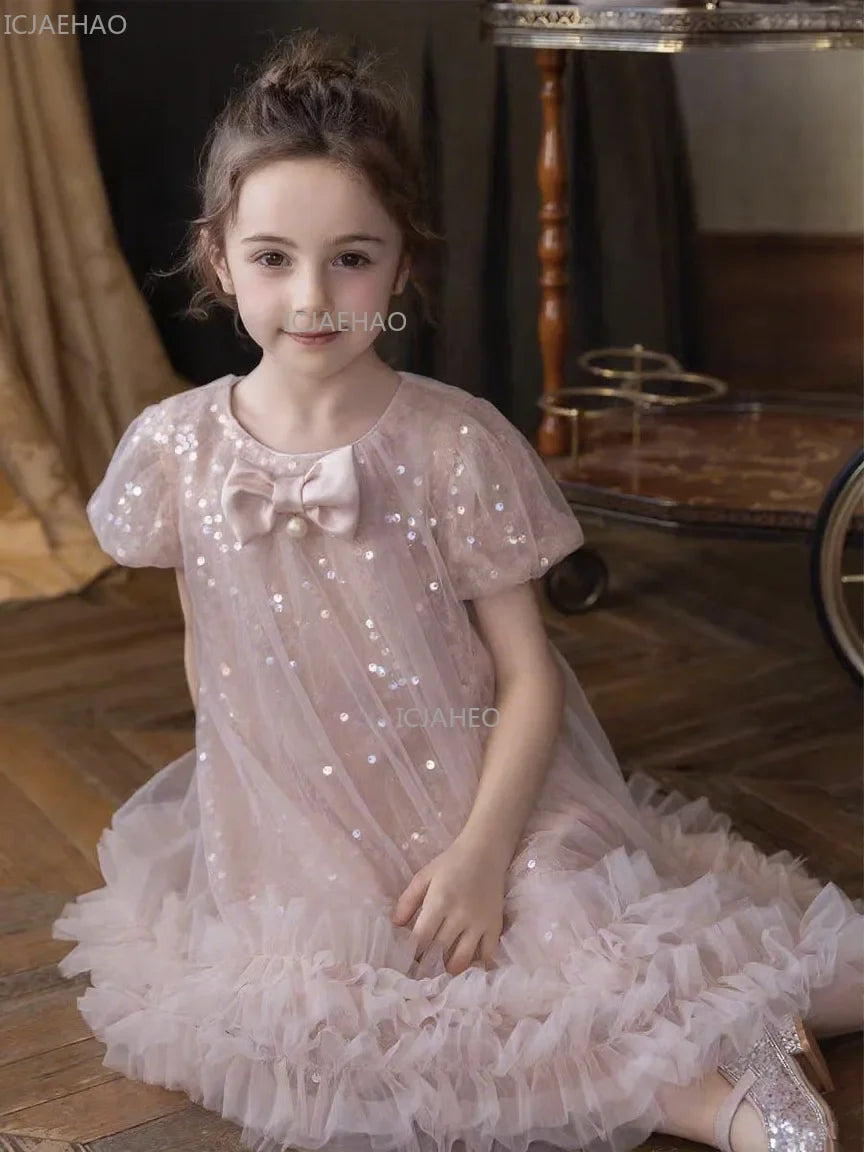 2026 New Summer Dress Girls Sequin Tulle Princess Party Gown Children Pageant Formal Attire Celebration Outfit Elegant Clothes