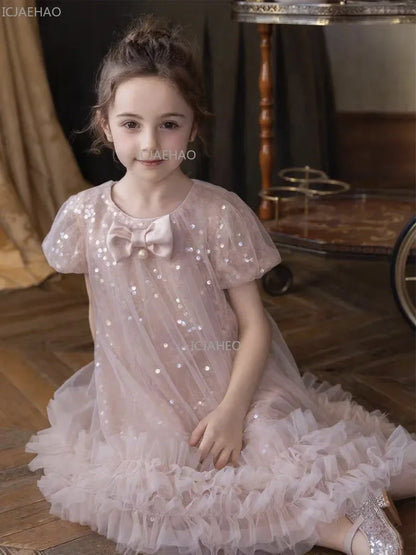 2026 New Summer Dress Girls Sequin Tulle Princess Party Gown Children Pageant Formal Attire Celebration Outfit Elegant Clothes