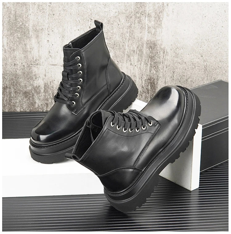Men's Hidden Heel Motorcycle Boots - Goth Punk Ankle Boots with Thick Sole for Height Increase | Elevator Shoes