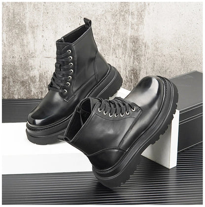Men's Hidden Heel Motorcycle Boots - Goth Punk Ankle Boots with Thick Sole for Height Increase | Elevator Shoes