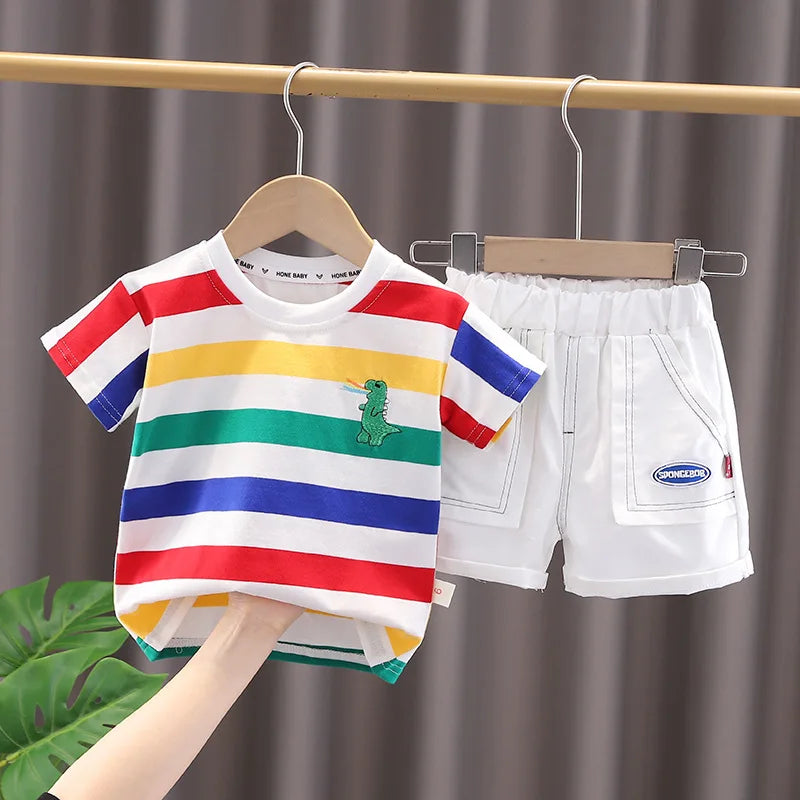 Summer Baby Boys Clothes Set Children Striped Cartoon T-Shirt Pants Bag 3Pcs/Sets Kids Girls Clothing Infant Costume Traksuits