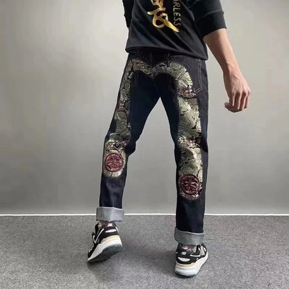 Men's Japanese Handmade Embroidered Jeans Pure Cotton Straight Tube Hip-Hop Popular Slim Red Ears Show Thin Trousers Devil Black
