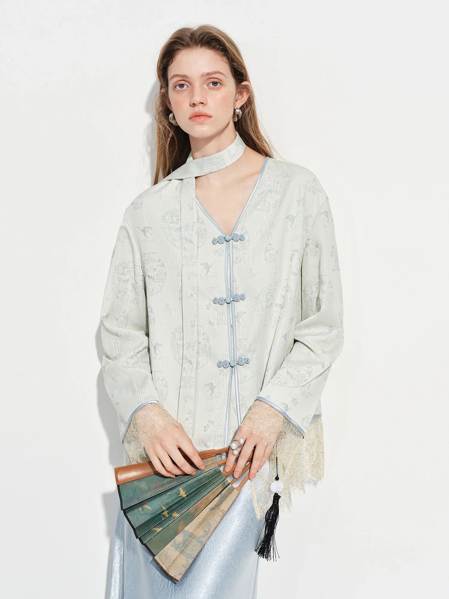 Modern Chinese-inspired Women's Blazer with Button Closure Sash VNeck Patchwork Lace Trim Outerwear Spring 2026 New Arrival